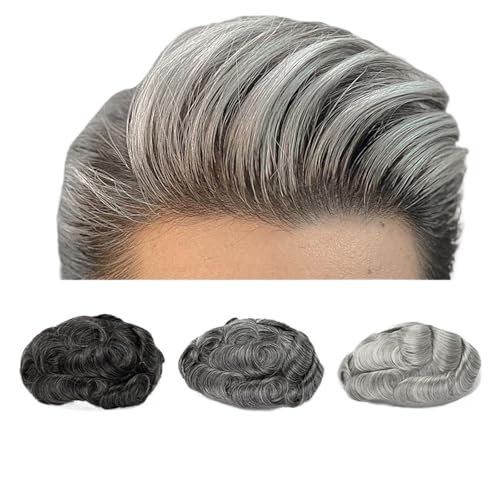 Männer Toupet V-Loop-Perücke for dünne Haut, for Männer, Toupet, Perücke, natürlicher Haaransatz, Remy-Menschenhaar, grau, 0,03 mm, Kapillarprothesen-Haarsystem for Männer Perücken Toupet Haar(1B30#)