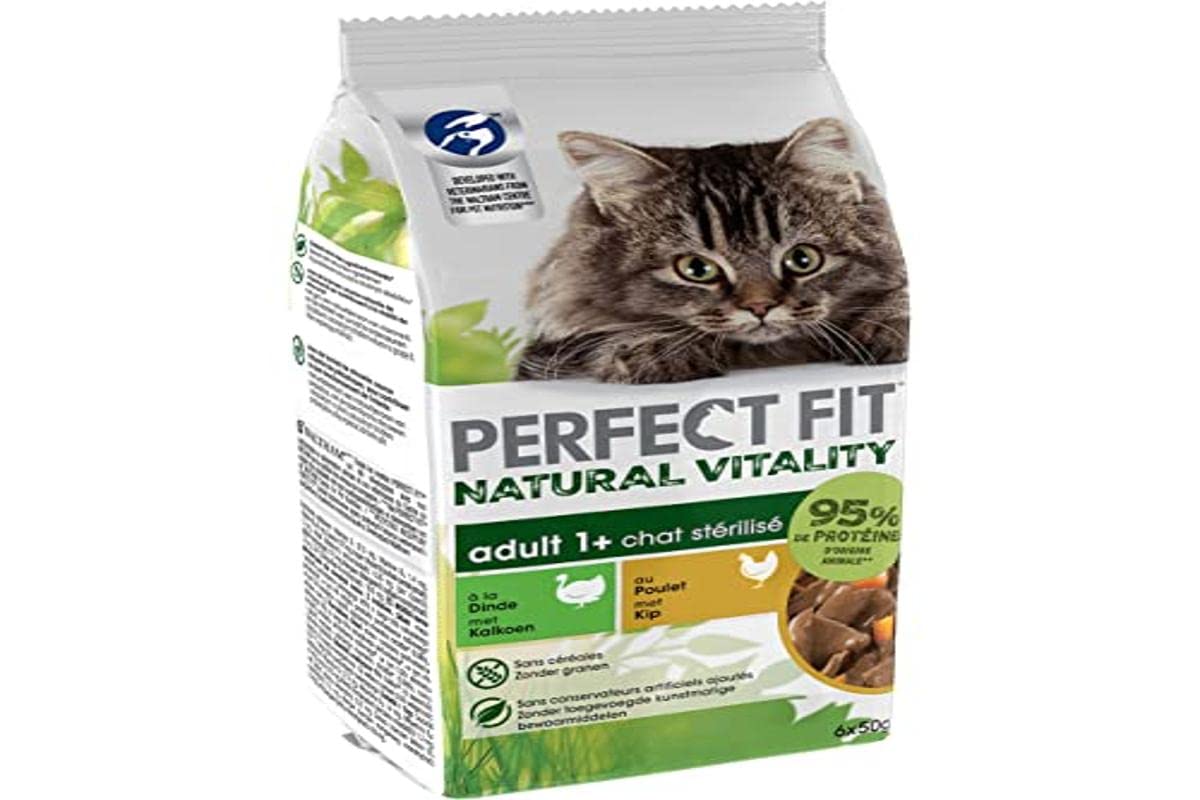 Natural Vitality – 72 Frischebeutel à 50 g (12 Packungen mit je 6 Beuteln) – für ausgewachsene Katzen, sterilisiert mit Huhn & Truthahn – Nassfutter mit natürlichen Inhaltsstoffen