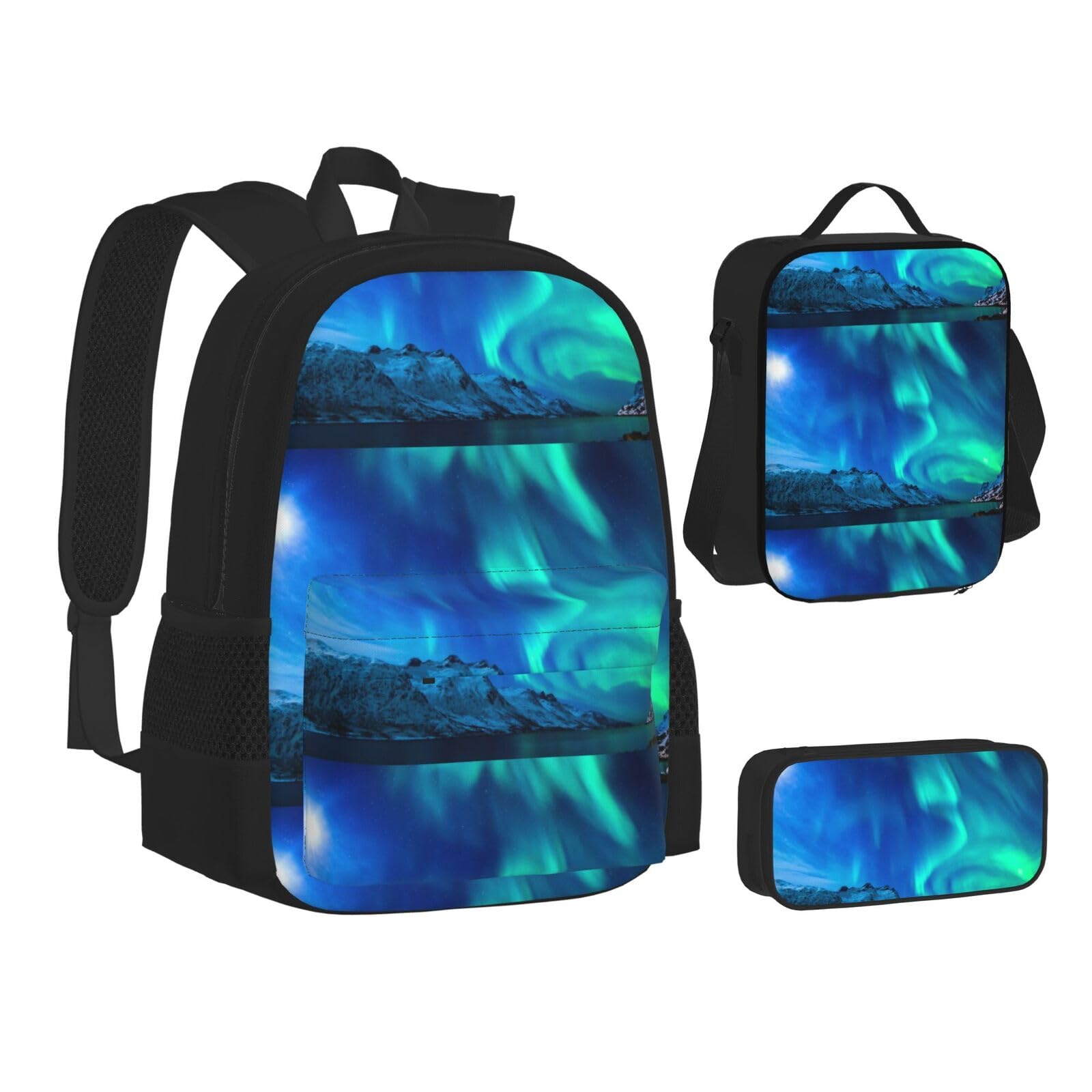 WURTON Northern Lights Print Teenage Bookbag Lunch Bag Pencil Case 3 in 1 School Backpacks Set Kids Backpack