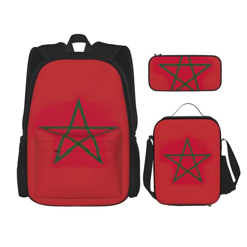 WURTON Schulterrucksack, Motiv: Flagge von Marokko, 3-in-1, Büchertaschen-Set, Lunchbox, Federmäppchen, Reise-Laptop, Tagesrucksäcke, Schwarz, Einheitsgröße, Schwarz, Schwarz , Einheitsgröße