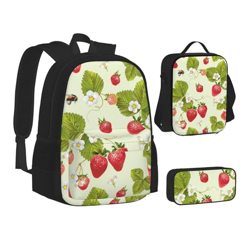 WURTON Büchertasche mit schönem Erdbeer-Druck, Lunch-Tasche, Federmäppchen, 3-in-1, Schulrucksack-Set, Kinderrucksack-Set