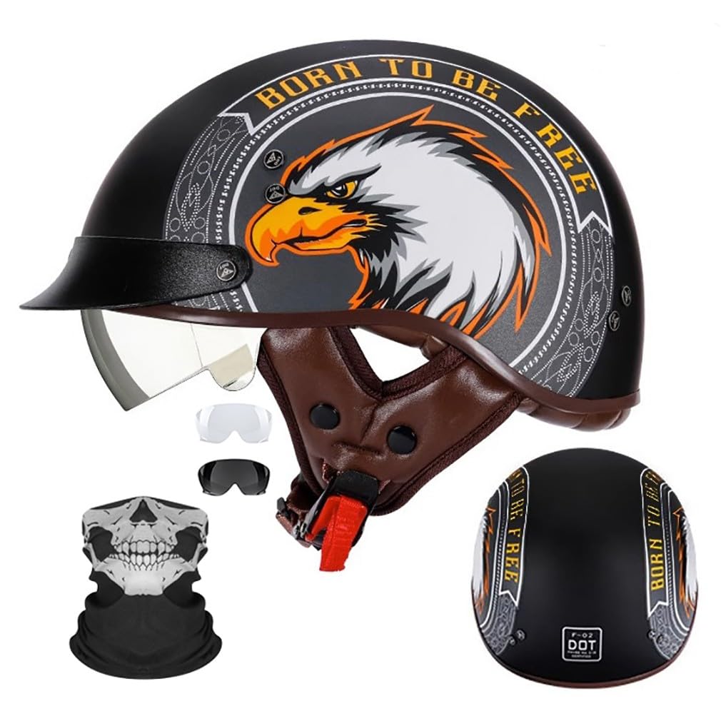 Motorrad Halbhelm Halbschalenhelm Mit Gesichtsschutz ECE-Zulassung Motorradhelm Brain Cap Einziehbaren InnengläSern Schnellverschluss Abnehmbares Waschbares Futter M-2XL 57-64CM