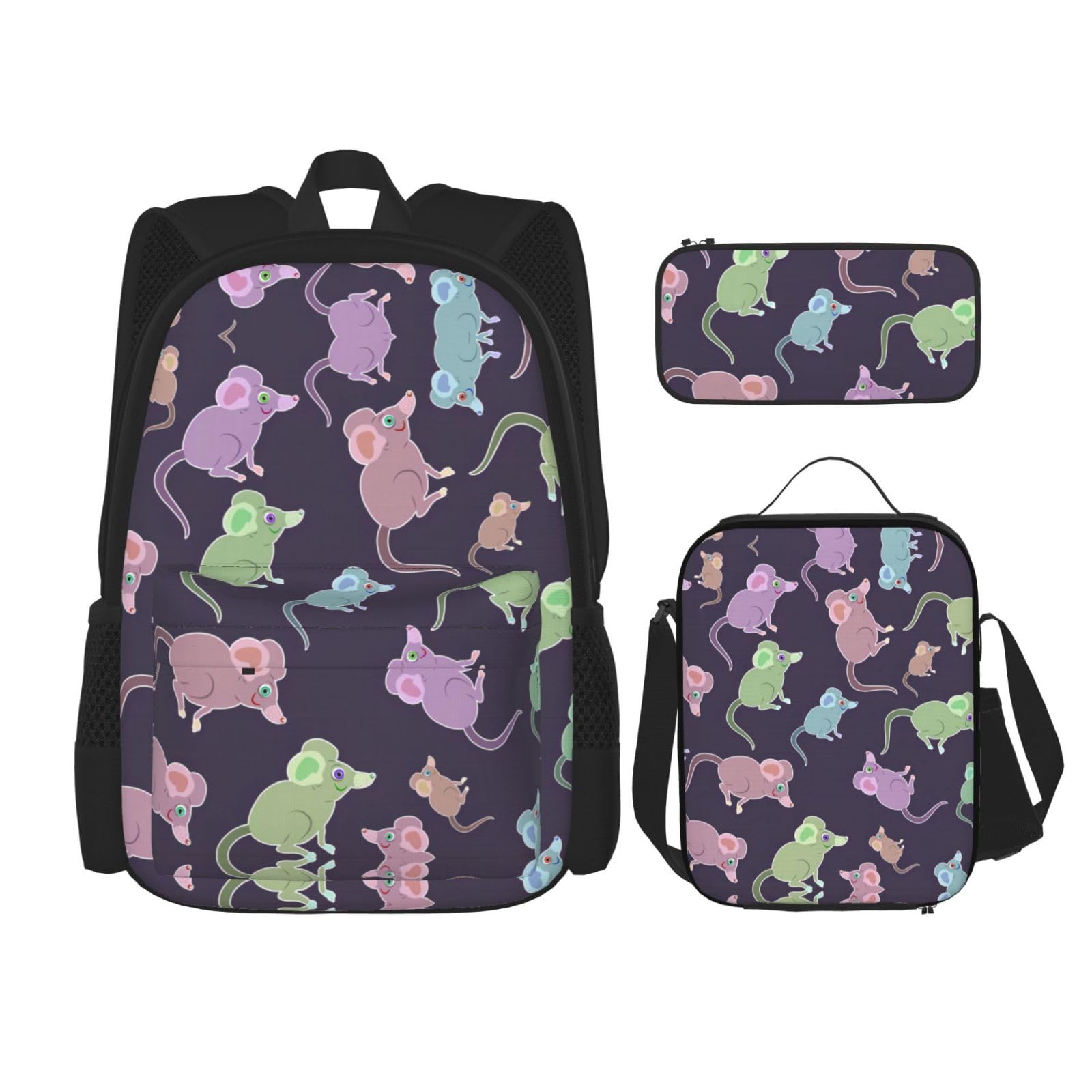 WURTON Lunchbox mit niedlichem Maus-Druck, Federmäppchen, Rucksack-Set, 3-teilig, verstellbare Riemen, langlebig, leicht, Schwarz, One Size