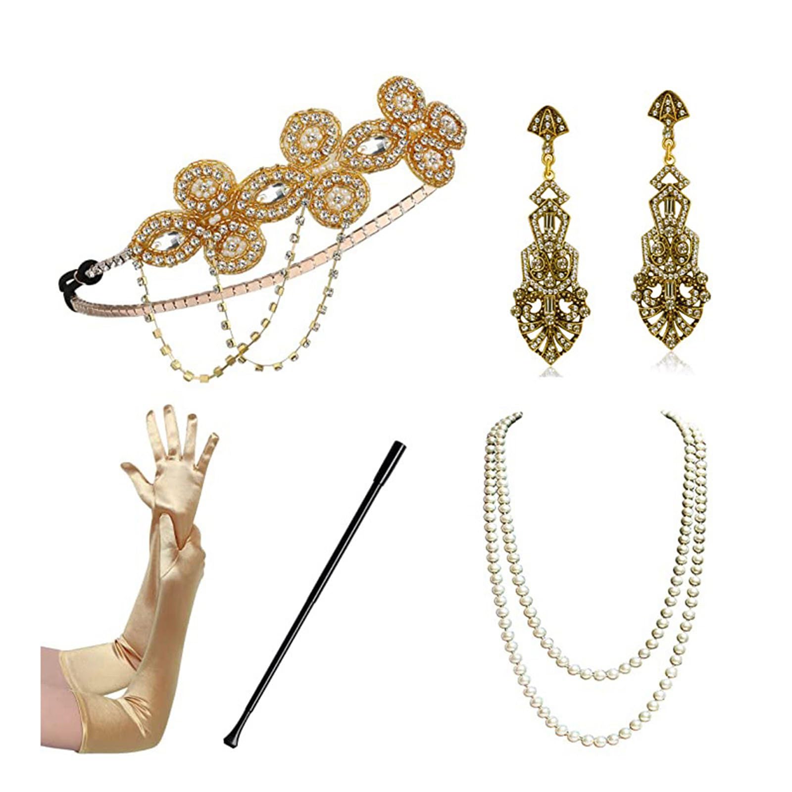 HDKEAN 1920er Jahre Gatsby Tolles Zubehör-Set für Damenkostüm, Perlen, Halskette, Ohrringe, Handschuhe, Flapper, Kopfschmuck, Stirnband, 1920er Jahre Gatsby, tolles Zubehör-Set für Damen,