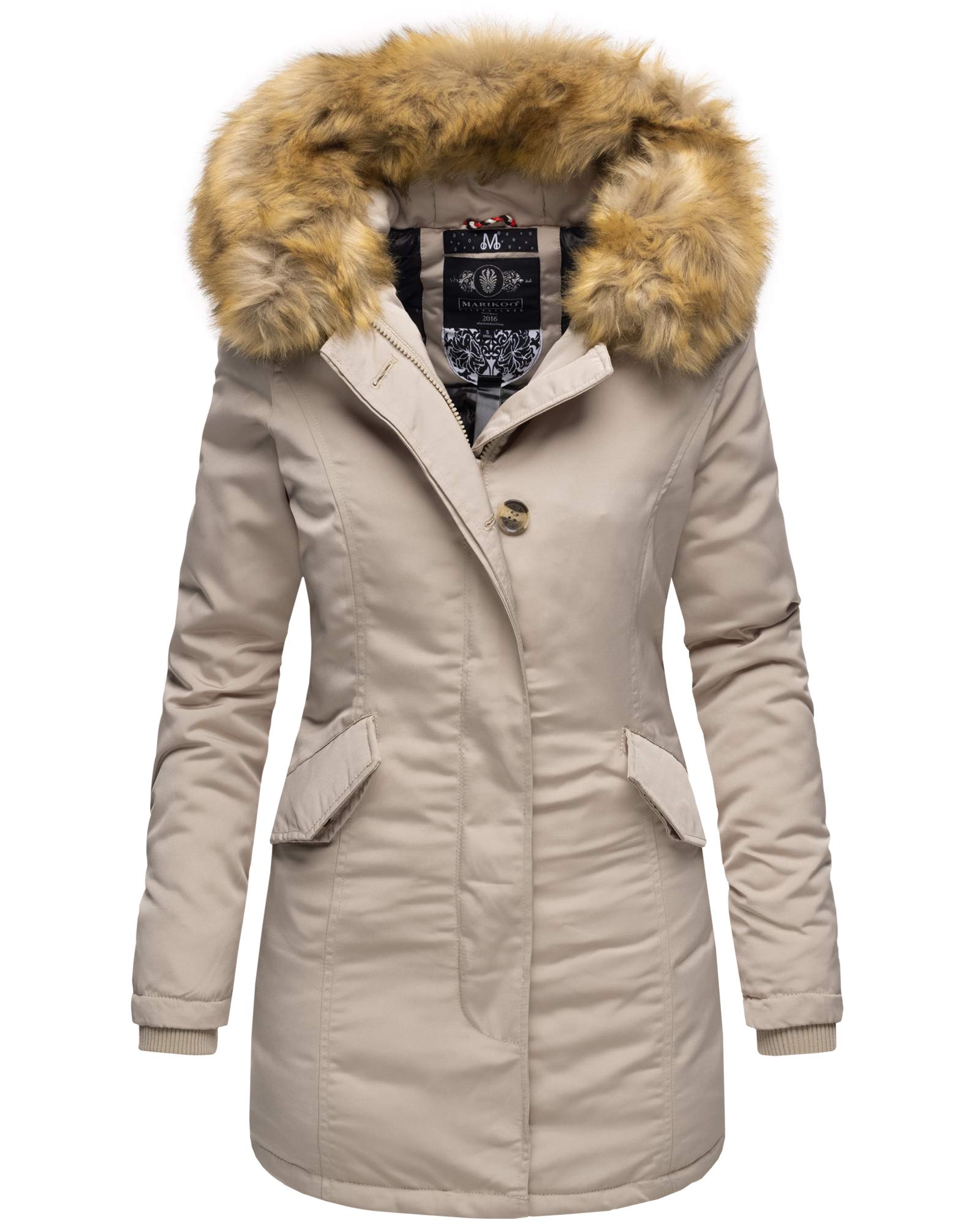 MARIKOO Damen Winter Jacke Stepp Parka Mantel Winterjacke warm gefüttert Kunstpelz KARMAA XS-XXL (XXL, Beige)