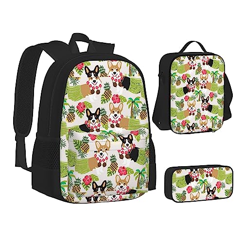 WURTON Büchertasche mit vielen goldenen Blumen bedruckt, Lunch-Tasche, Federmäppchen, 3-in-1, Schulrucksack-Set, Kinderrucksack, Tropische Blume und Corgi, Einheitsgröße