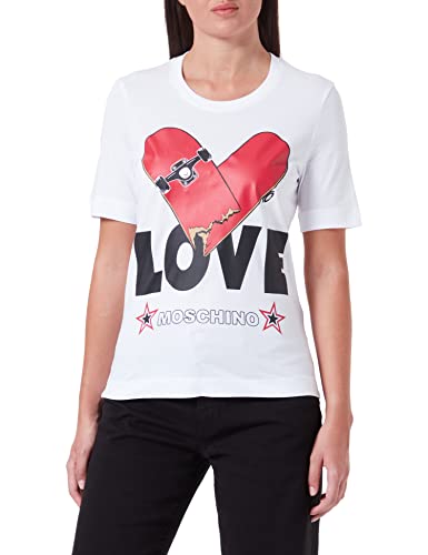 Love Moschino Damen Regular Fit Short Sleeves With Skateboard Heart Print T Shirt, Optical White, 44 EU