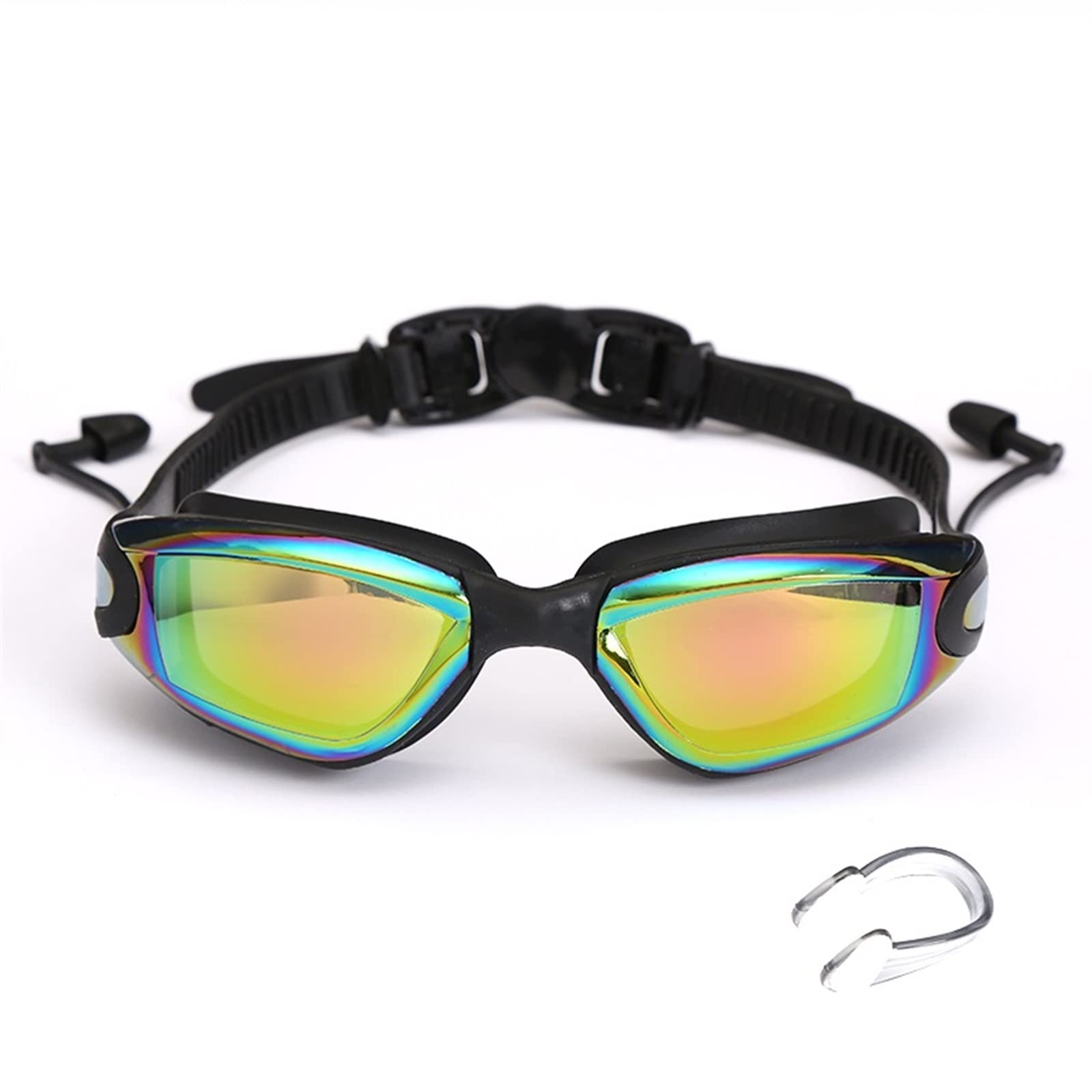 BFVAKBKYT Schwimmbrille, Professional mit Ohrstöpseln Nasenclip Galvanik wasserdicht(Schwarz)