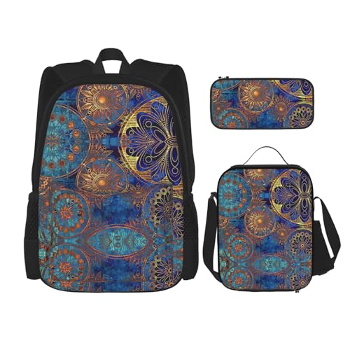 WURTON Starry Sky Mandala Print Trendy Rucksack Taschen Lunchbox und Federmäppchen 3 in 1 Verstellbarer Rucksack Set