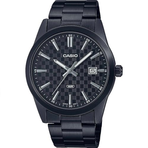 Casio MTP-VD03B-1A Herren-Armbanduhr, Standard, schwarz, IP-Stahl, schwarzes Zifferblatt, 3-Zeiger-Armbanduhr, Schwarz