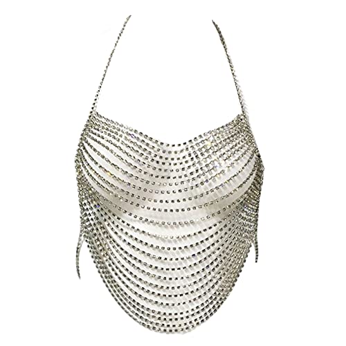 Eladcncmc Multilaye Neckholder Rückenfrei Brustketten Körperschmuck Bikini Sommer Strand für Frauen Strass Neckholder Rückenfrei Brustkette