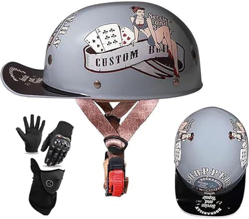 Baseballmütze Motorradhelm Deutscher Stil DOT/ECE-Geprüft, Dünner Totenkopfmützen-Halbschalenhelm Für Männer Frauen, Moped ATV Scooter Open Face Retro Helm E,M(54-57) CM