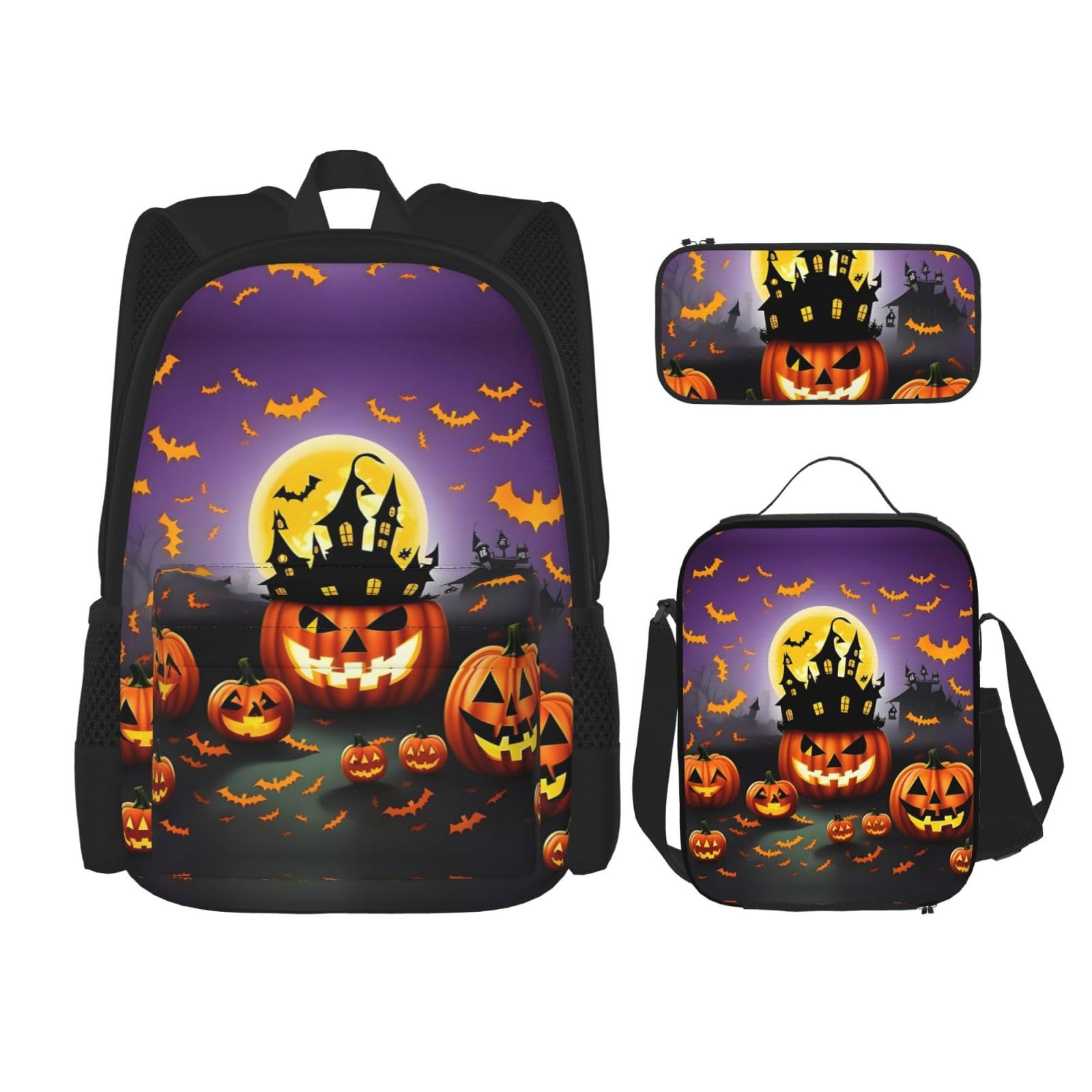 WURTON Happy-Halloween-Day-Trick-or-Treat-Druck Reise Lunchbox Federmäppchen Rucksack Set 3 Stück Verstellbare Träger Leicht