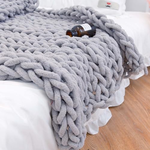 Grobstrick-Deckenüberwurf, Weiche Chenille-Garn-Überwurfdecke, Handgefertigte Zopfmuster-Häkeldecke, Große Gestrickte Grobstrick-Überwurfdecke Für Couch-Heimdekoration,Light grey,200*200 cm