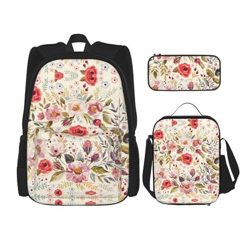 WURTON Rustikaler Rucksack mit Rosen-Blumendruck, für Mädchen, Jungen, Schultaschen, Teenager, Lunchbox und Federmäppchen, 3-in-1-Büchertaschen-Set