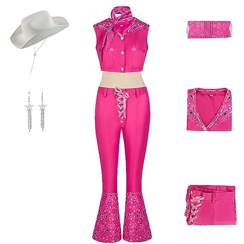 JGZGCG Damen Rosa Cosplay Kostüm mit Perücke Film Verkleidung Hippie Kostüm 60er 70er Jahre Vintage Disco Outfit Rosa Cowgirl Kleidung Halloween Karneval Party Kostüm für Erwachsene