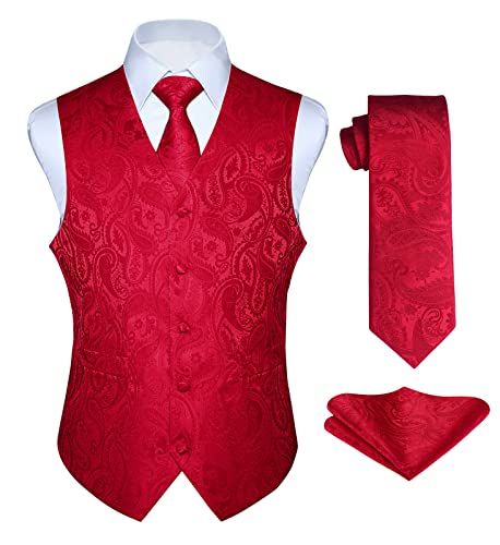 Enlision Anzugweste rot Herren Hochzeit Paisley Westen & Krawatte Einstecktuch Party Floral Jacquard Anzug Weste Set M