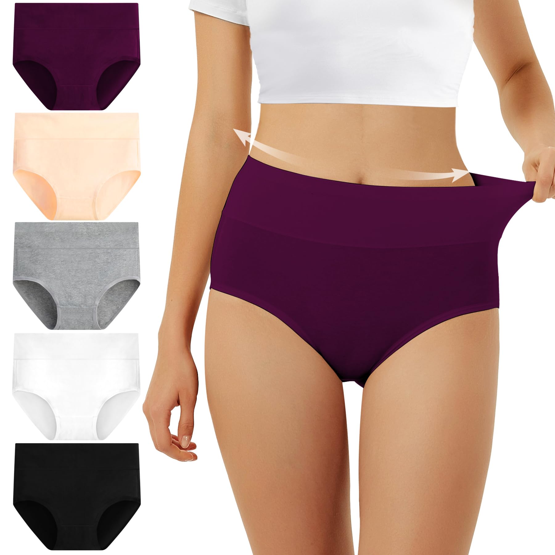 FALARY Unterhosen Damen Baumwolle Hohe Taille 5er Pack Stretch Atmungsaktiv Panties Weich Frauen Unterwäsche 2XL Mehrfarbig-1