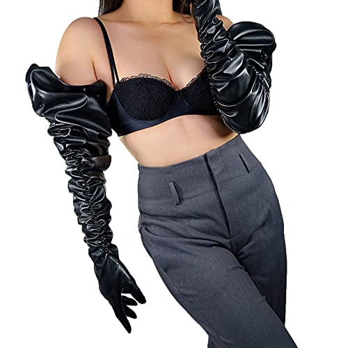 DooWay Damen-Handschuhe, superlang, Leder, Touchscreen, gerüschte Ärmel, Übergröße, Puff-Schulterlänge, Unisex, Schwarz, 100 cm, Black-tech, 85