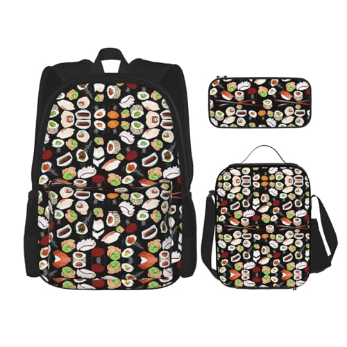 WURTON Japanischer Sushi-Rucksack für Mädchen, Jungen, Schultaschen, Teenager, Lunchbox und Federmäppchen, 3-in-1-Büchertaschen-Set