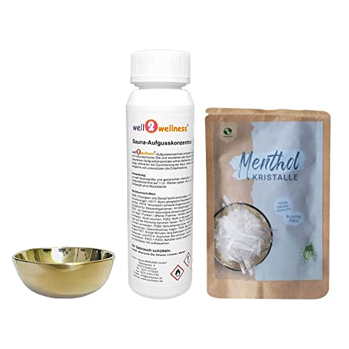 SudoreWell® Sauna Verdampferschale klein Ø 5cm / 2cm hoch plus Saunaaufguss 125ml Eukalyptus und 10g SudoreWell Menthol Kristalle