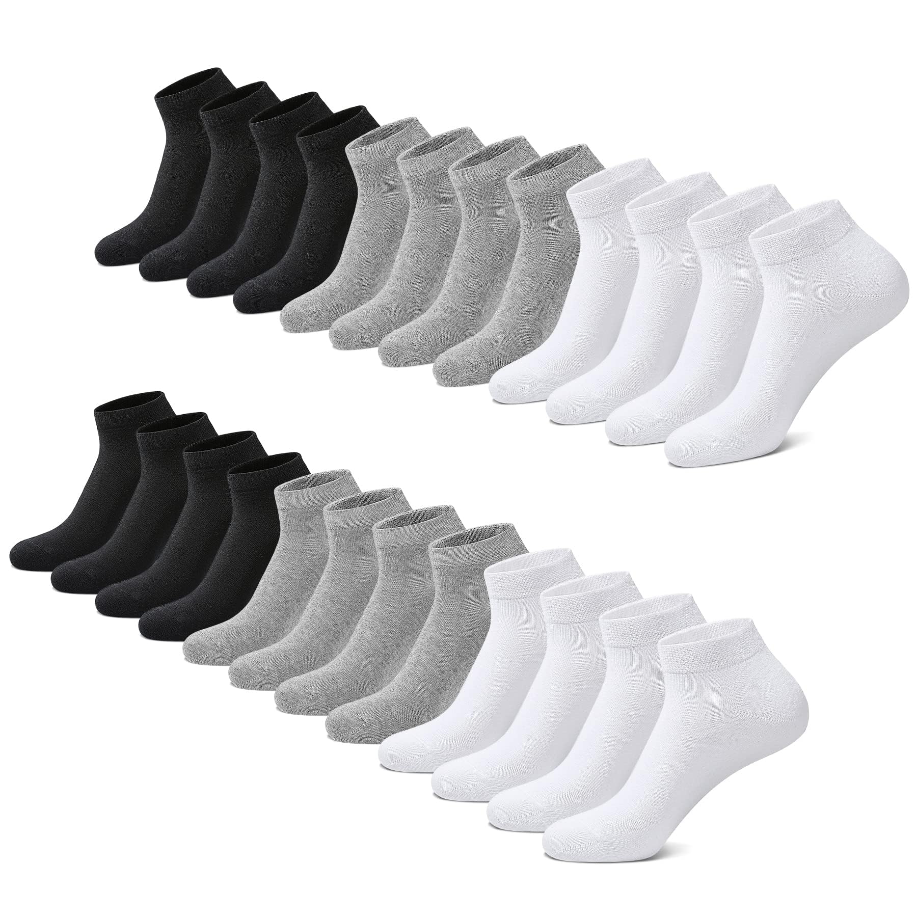 FALARY Sneaker Socken Herren 43-46 Damen Sneakersocken 12 Paar Kurze Halbsocken Baumwolle Schwarz und Weiß grau