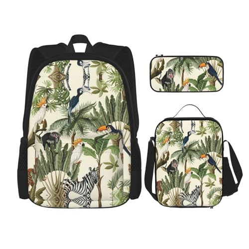 WURTON Trendige Rucksacktaschen mit Bäumen und Tiermotiven, Lunchbox und Federmäppchen, 3-in-1, verstellbares Rucksack-Set