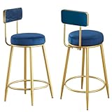 JMbpkduHs Set Mit 2 Frühstückshockern, Hohen Barstühlen Aus Samt, Bequemem Freizeitstuhl, Metallbeinen + Rückenlehne, Für Küche/Zuhause/Bar,Blue-75cm