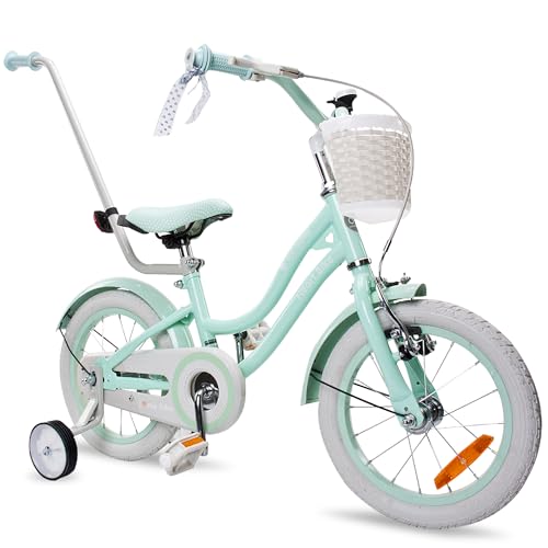 Heart Bike Mädchenfahrrad, 12/14/16 Zoll Radgröße zur Auswahl, mit Abnehmbarer Schubstange, Kinderfahrrad für Mädchen von 2 bis 6 Jahre (14 Zoll, Silver Moon Mint)