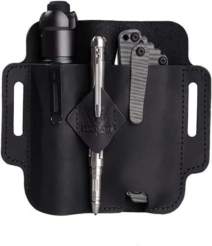 VIPERADE PJ19 Leder EDC lederscheide Tasche Organizer Leder Taktischer Multitool Halter Leder Tasche mit Schlüsselbund Gürtelschlaufe Stifthalter für Taschenlampe Werkzeuge Outdoor Camping - Schwarz