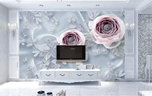 Seidenspitze Rosa Blume 3D Tapete Poster Restaurant Schlafzimmer Wohnzimmer Sofa TV Dekorative Wand-300cm×210cm