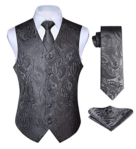 Enlision Anzugweste grau Herren Hochzeit Paisley Westen & Krawatte Einstecktuch Party Floral Jacquard Anzug Weste Set 3XL