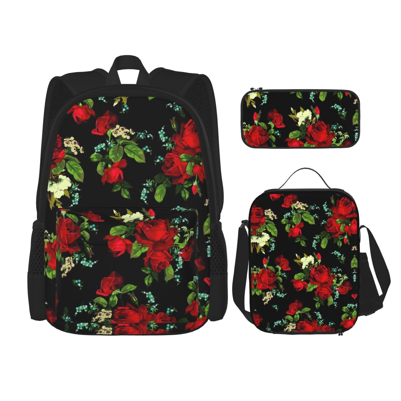 WURTON Schöne Rose Geschenk Druck Reise Lunchbox Federmäppchen Rucksack Set 3 Stück Verstellbare Träger Leicht, Schwarz, Einheitsgröße