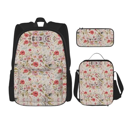 WURTON Rustikale Lunchbox mit Rosen-Blumendruck, Federmäppchen, Rucksack-Set, 3-teilig, verstellbare Riemen, langlebig, leicht, Schwarz, One Size