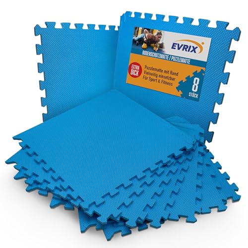 EVRIX® Bodenschutzmatte Fitness Blau extra dick (20% mehr Schutz) - 8 Teile (50x50cm) - Puzzlematte Sportmatte Poolunterlage Yoga Matte Fitnessmatte Bodenmatte für Fitnessraum und Fitnessgeräte