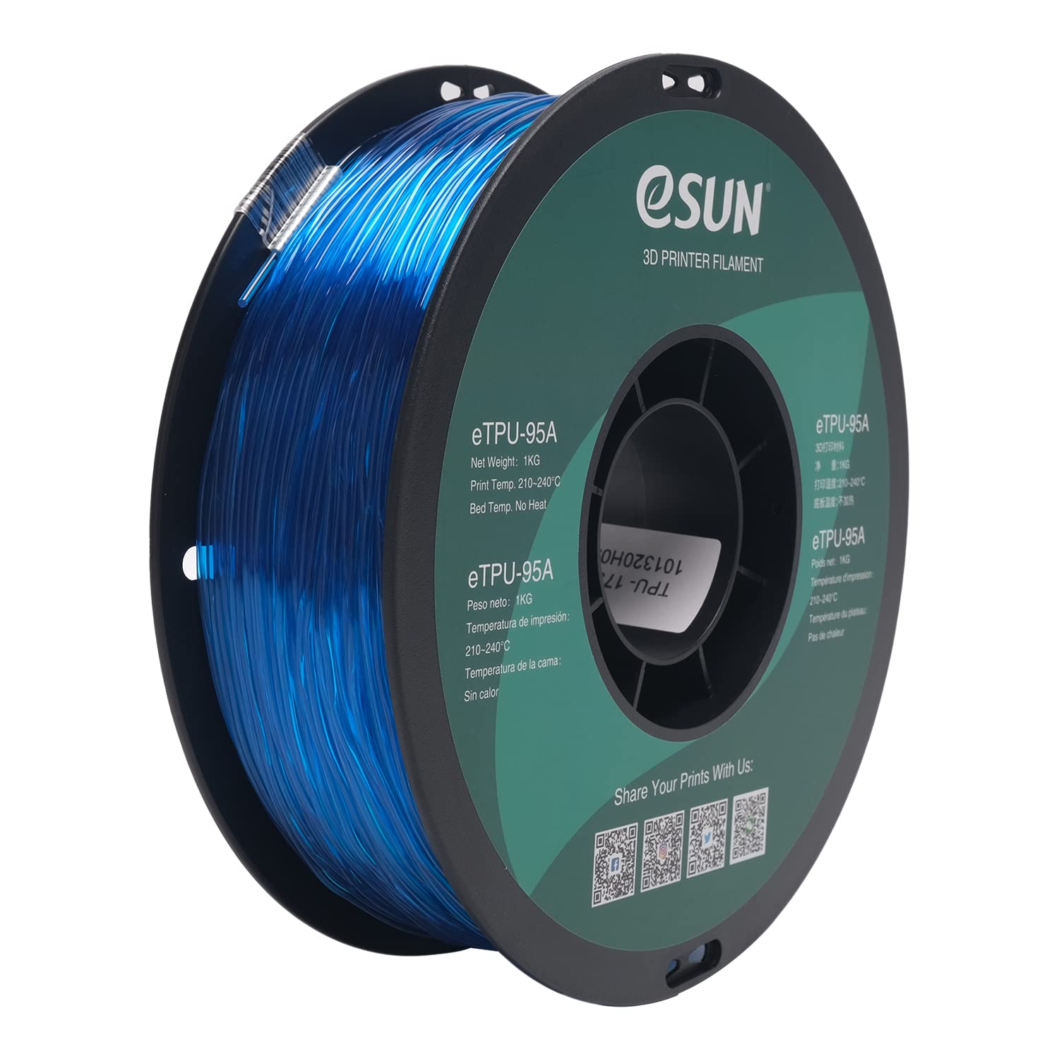 eSUN Flexibles TPU Filament 1.75mm, 3D Drucker Filament TPU-95A, Maßgenauigkeit +/- 0.05mm, 1kg Spule (2.2 LBS) 3D Druck Filament für 3D Drucker, Transparent Blau