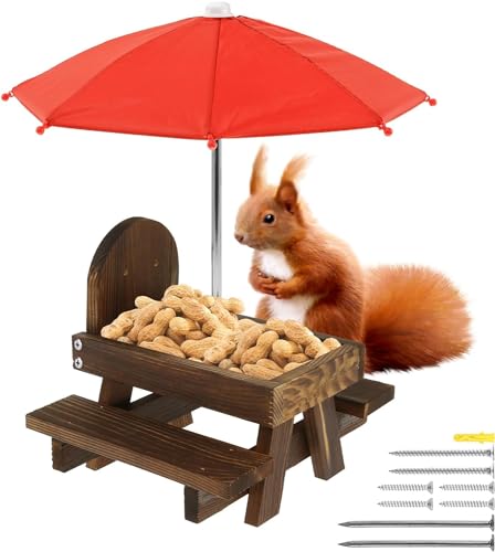 Squirrel Feeder, Wooden Squirrel Feeder Table with Umbrella, Funny Squirrel Picnic Table Feeder with Corn Cob Holder, Provide a Cozy Spot for Squirrels to Feed for Outside Garden Decor