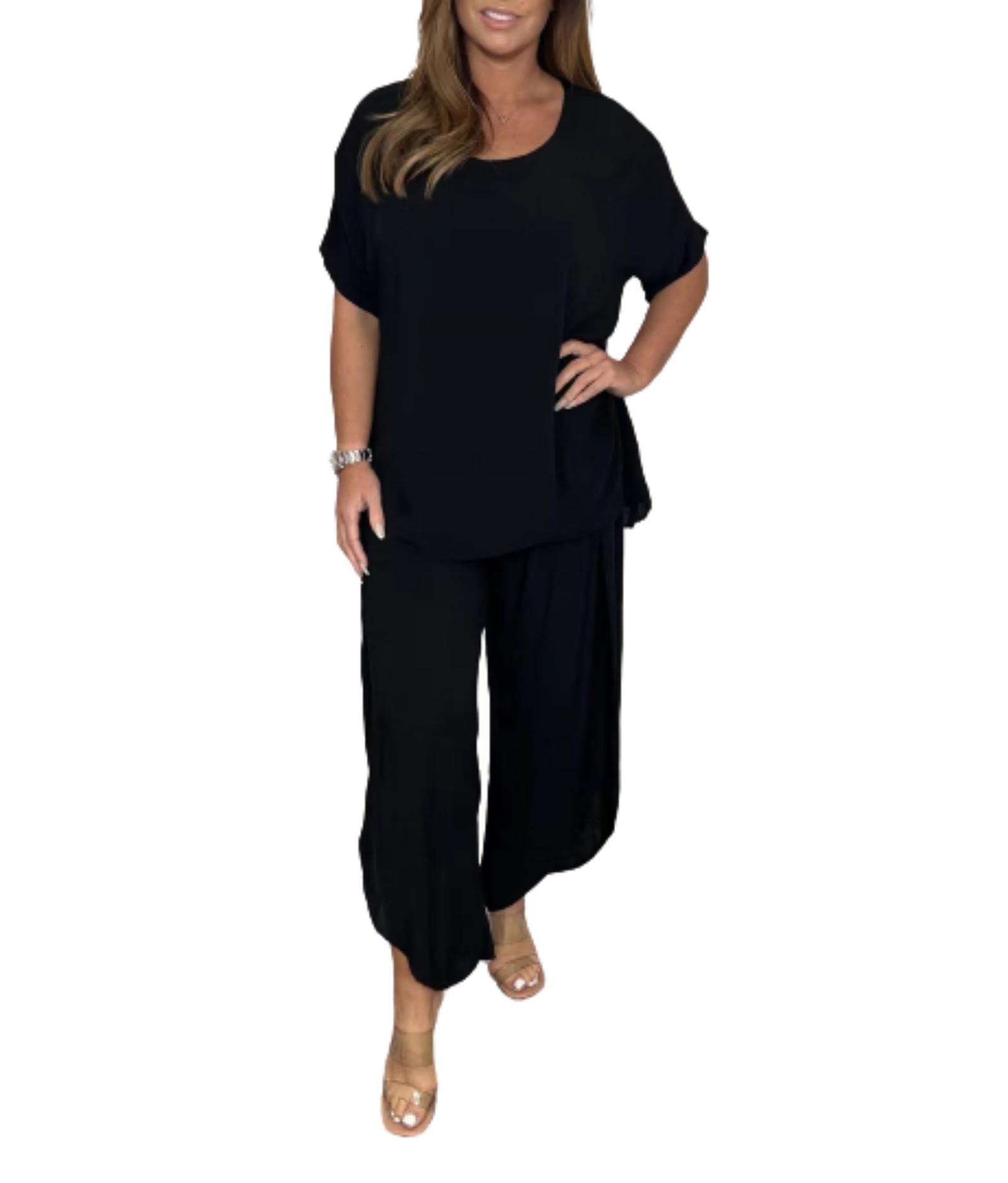 WINDEHAO 2-teiliger Hosenanzug mit Ärmeln für Frauen,Hosen mit lockeren,fließenden Ärmeln,Plus Size 5XL 2 Piece Solid Color Suit (Black,L)