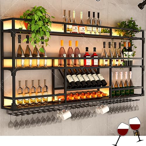 HSJFS Weinregal Wand Befestigte Bar Regale Mit Hängendem Wein Glas Rack Alkohol Flasche Display Regal Mit Geführtem Licht Schwimmende Bar Regale Whiskey Regal Küche Wandschrank Für Home Bar Esszimmer