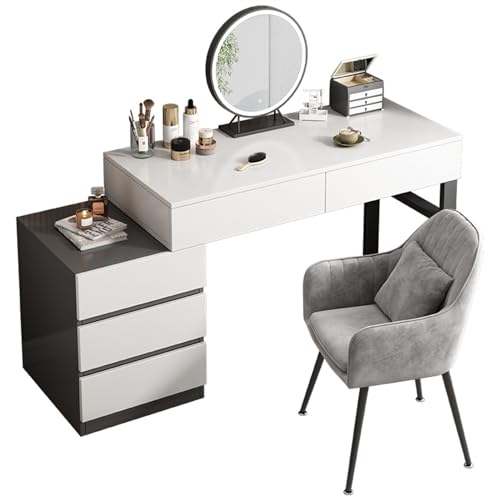 Schminktisch Schminktisch mit 5 Schubladen, schwarz-weißer Schreibtisch, Home-Office-Schreibtisch, moderner Schminktisch mit stabilen schwarzen Metallbeinen und Nachttisch Frisiertisch Kosmetiktisch((