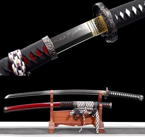 MAUXpIAO 104 cm, echtes Katana, brennende Klinge aus T10-Stahl, massive Holzscheide mit Sprühfarbe, handgefertigtes Samurai-Schwert als Geschenk, Cosplay, Ausstellung, Sammeln, Keno-Kampfsport, Heimde