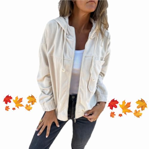 WINDEHAO Cordjacke mit Kordelzug und Tasche und Reißverschluss, 2024 Herbst, einfarbig, Freizeitjacke, Damen, Cord-Kapuzenjacke (Beige, L)