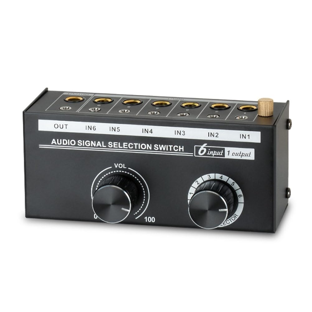 Kiudduy Audio-Umschalter - 6-Wege-Stereo-Audio-Umschalter 3,5/6,35 mm - Signalquellen-Umschalter-Auswahl-Splitterbox mit Leitungsregler