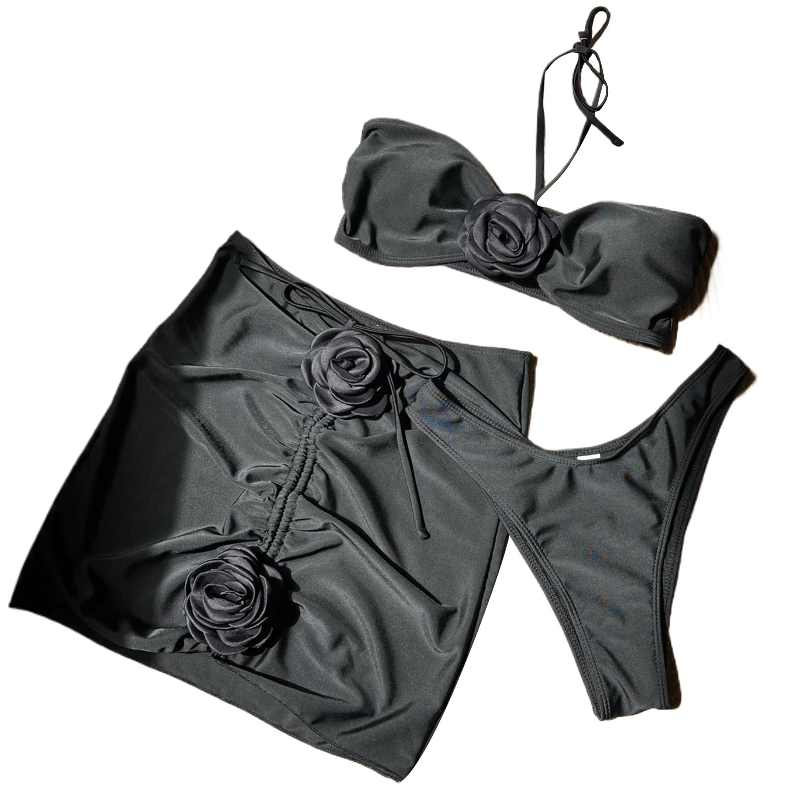 PTILSERY 3-teiliges Bandeau-Badeanzug-Set für Damen, mit Rückenband, zweiteiliges Neckholder-Badeanzug-Set mit gerüschtem Badeanzug, verdeckter Rock