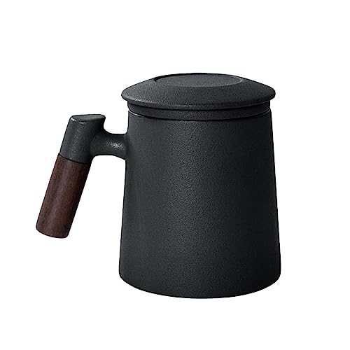 Teetasse mit Deckel und Sieb, 400ml Große Palisandergriff Keramik Teetassen, Matte Steinzeug Glasierte Teetassen für Einweichen (Schwarz)