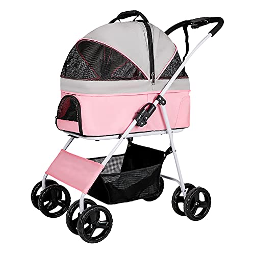 Haustier-Reise-Kinderwagen, zusammenklappbar, for Hunde und Katzen, Reiseträger, Transportwagen, verstellbares Oberteil, Grau (Color : Roze)