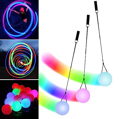 LED Poi Bälle: 3 Stück Poi Ball Set LED Glow Poi Kugeln mit Regenbogen Farben und Strobe-Effekt, Verbesserte LED Poi für Anfänger und Profis, POI Jonglierbälle mit verstellbaren Doppelschlaufen-Leinen