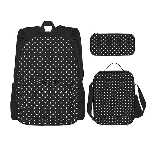 WURTON Reise-Lunchbox, Federmäppchen, Rucksack-Set, 3-teilig, verstellbare Riemen, leicht, Weiß mit Punkten, Schwarz, Einheitsgröße