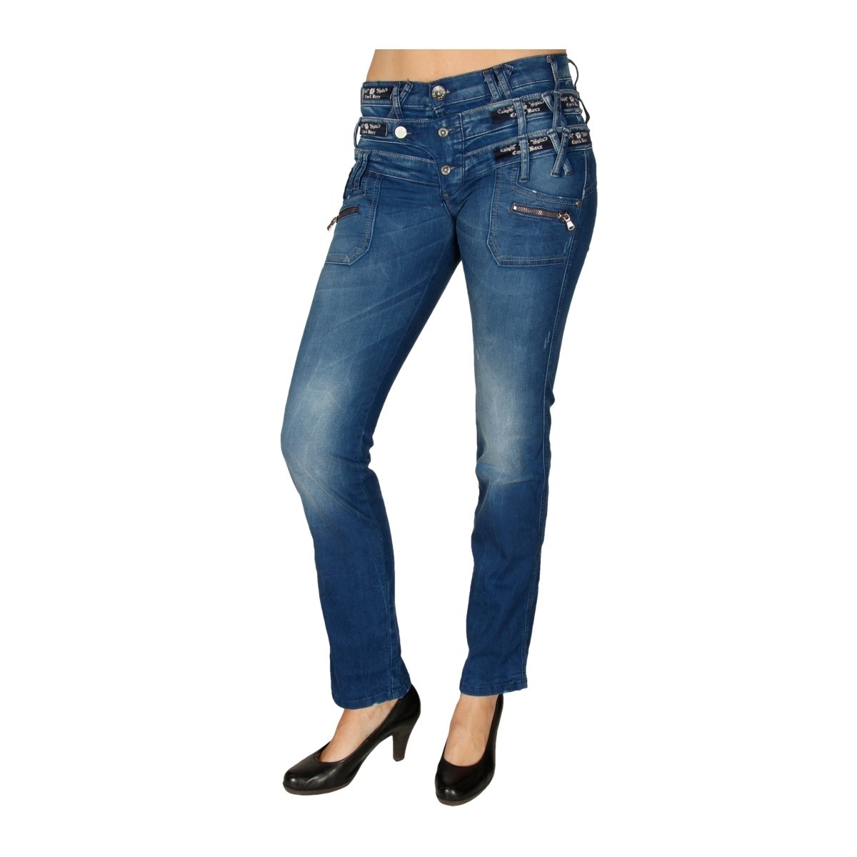 Cipo & Baxx Damen Jeans Hose Slim Fit Dreifachbund Used Straight Fit Denim Patches Pants CBW-0282 Blau W27 L32