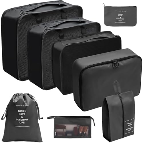 8X / Set Gepäck Organizer Set Koffer Organizer Set Packwürfel Set Kleidertasche Wasserdicht Reise Organizer für Reisen, Schwarz